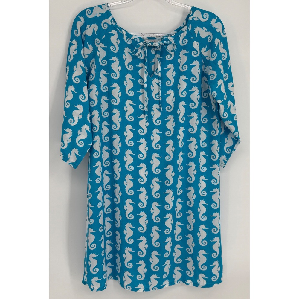 Tybee Island Seahorse Tunic Dress Womens Blue White Rayon 3/4 Sleeve Tie Sz M